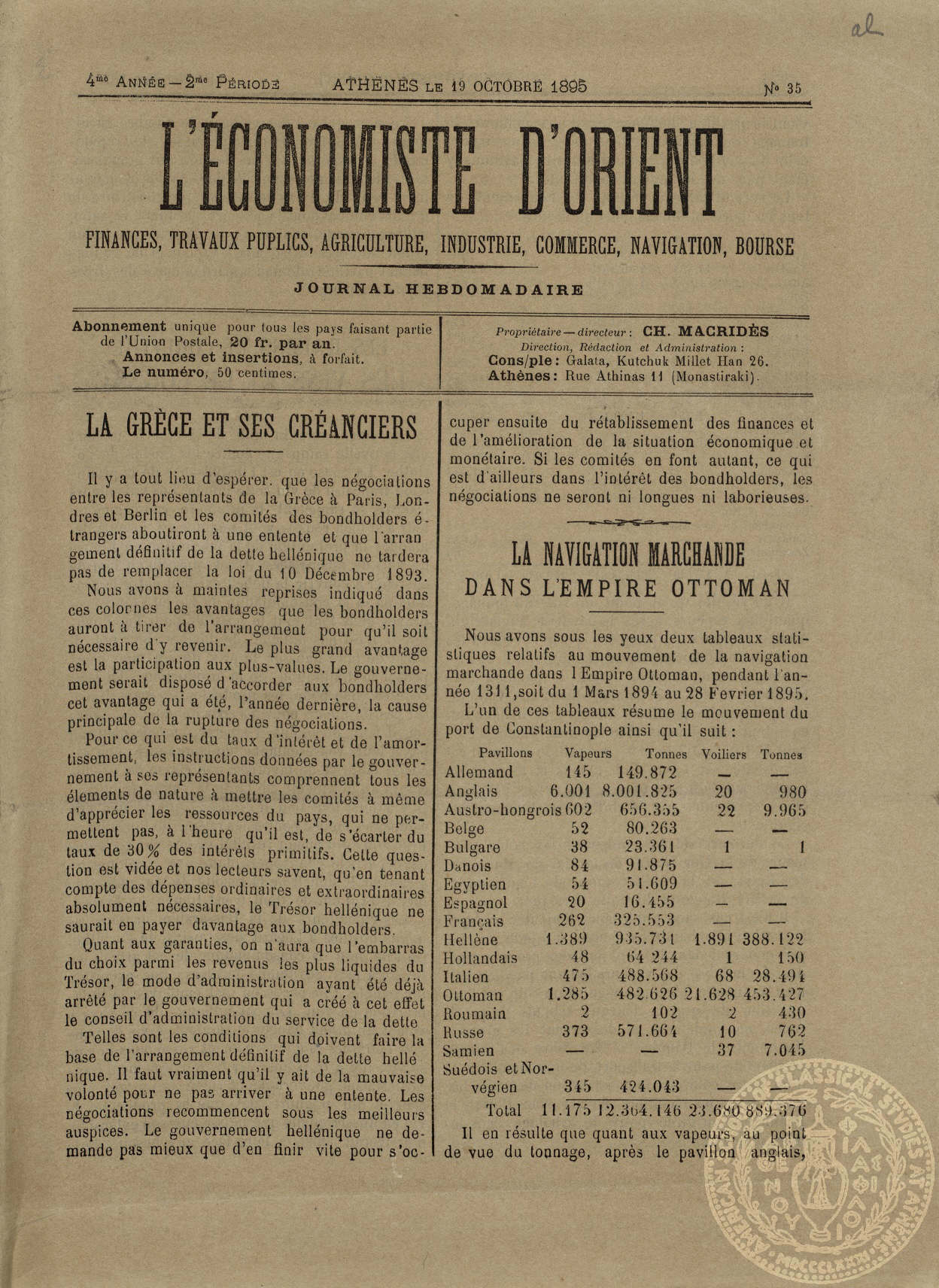 L'économiste d'Orient. Finances, travaux puplics, agriculture, industrie, commerce, navigation,bourse.